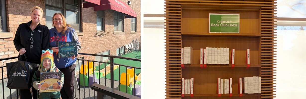 Collage of two images: two adults and a child holding library-branded bags and a book, and a bookshelf in the Main Library Lobby with the sign Community Book Club Holds on the top shelf and rows of books below