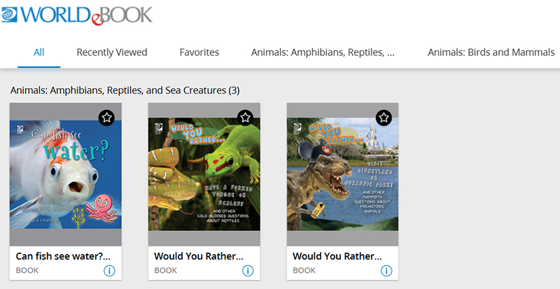 Screenshot of World Book eBook showing title for animals: amphibians, reptiles, and sea creatures.