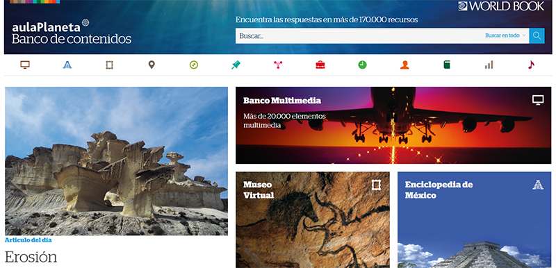 Screenshot of Banco de Contenidos aula Pleneta with options to view articles and other multimedia options.