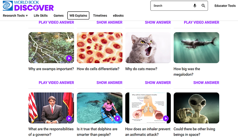 Screenshot of World Book Discover WB Explains page showing questions with links to videos and articles with answers.