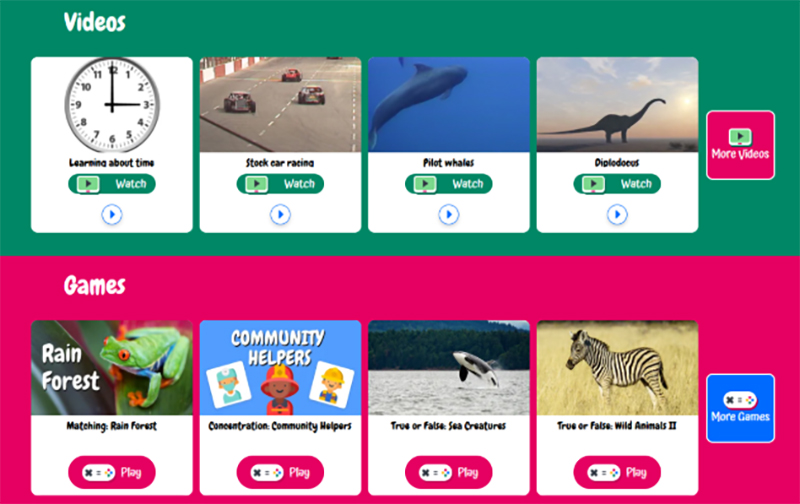 Screenshot of WorldBook Early Learning page with a display of available videos and games.