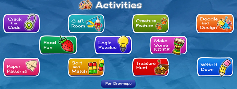 Screenshot of World Book Kids page featuring different activities, like craft room, creature feature, food fun, logic puzzles, sort and match, treasure hunt, and more.
