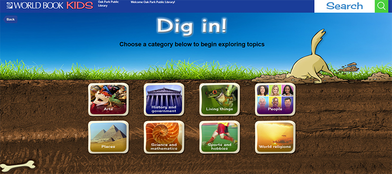 Screenshot of the World Book Kids page featuring topics to explore: arts, history and government, living things, people, places, science and mathematics, sports and hobbies, and world religions.