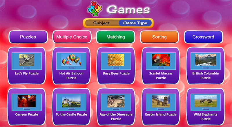 Screenshot of World Book Kids page featuring games in different categories, including puzzles, multiple choice, matching, sorting, and crossword.