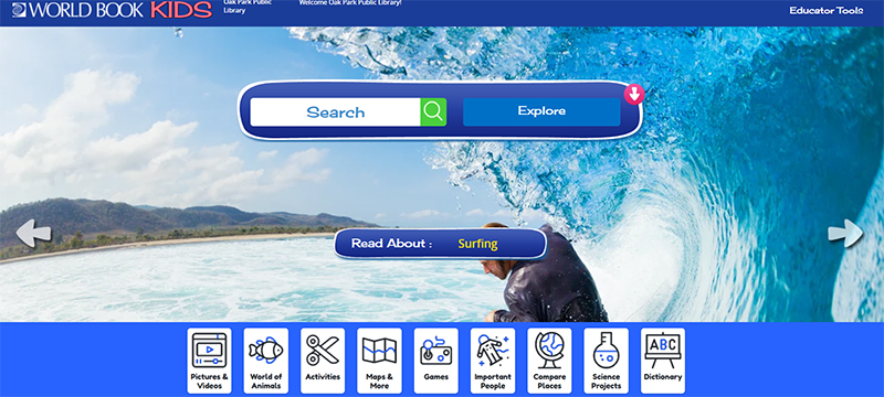 Screenshot of World Book Kids homepage featuring a search box and buttons to explore pictures, videos, activities, games, maps, and other topics.