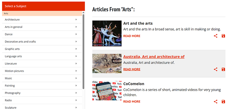 Screenshot of World Book Student showing available subjects to browse including articles from the arts, like architecture, arts in general, dance, decorative arts and crafts, graphic arts, language arts, and more.