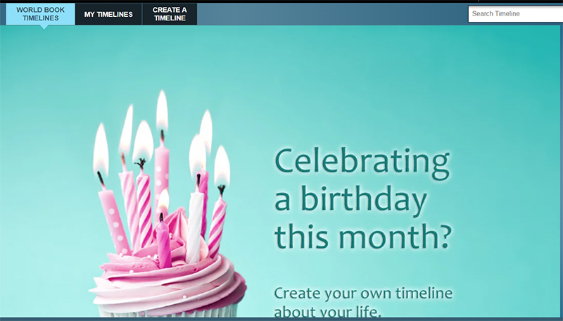 Screenshot of World Book Timelines with an option to create your own timeline about your life.