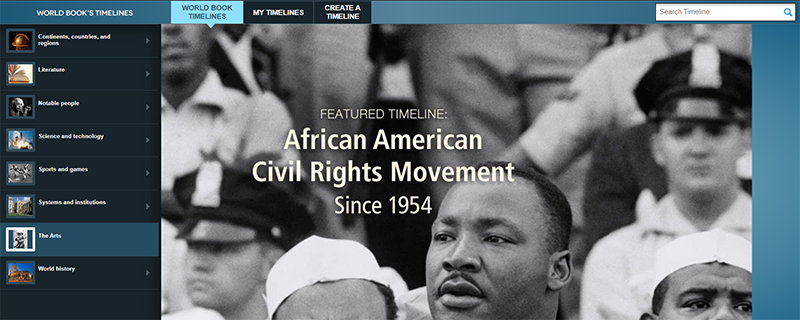 Screenshot of World Book Timelines homepage showing a featured timeline of African American Civil Rights Movement Since 1954 with a menu to the left showing additional topics, like literature, notable people, science and technology, sports and games, and more.