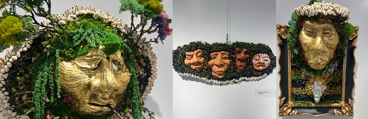 Collage of mixed media 3D artworks of face surrounded by trees, moss, and pebbles.