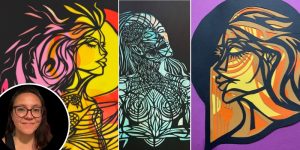 Paper-cut collages depicting women, with artist Marea Cordero's headshot in lower left.