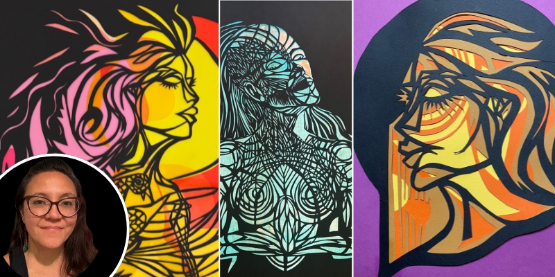 Paper-cut collages depicting women, with artist Marea Cordero's headshot in lower left.