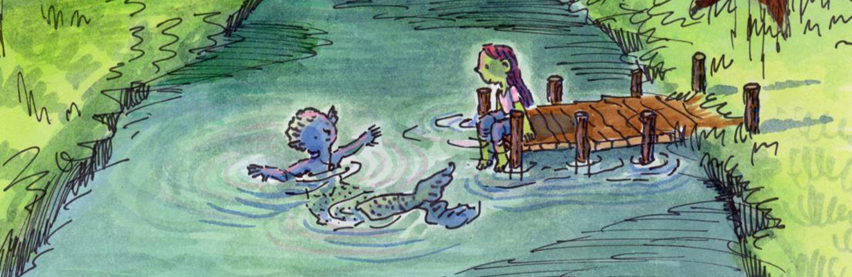 Painting of a girl on a dock with a mer-person in the water.