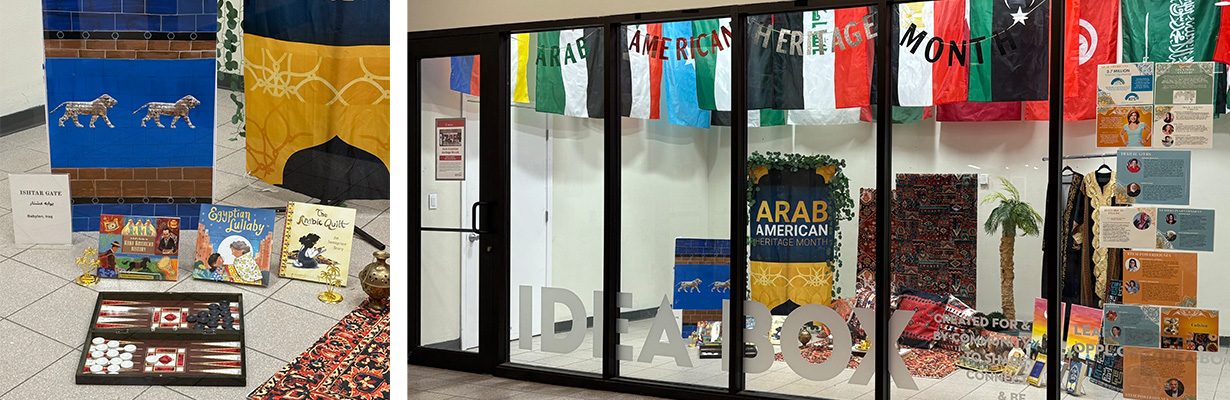Window display for Arab American Heritage Month in the Main Library Idea Box.