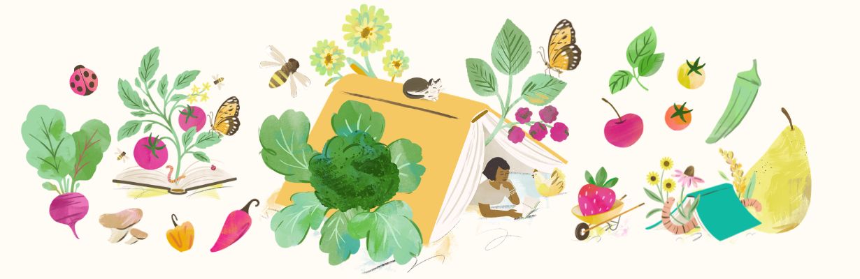 Illustration of a person reading a book beneath an oversized book propped up like a tent and surrounded by growing plants, vegetables, butterflies, and bugs.