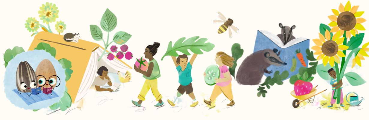 Illustrations of children in nature. A child, animals, and even seeds read books.
