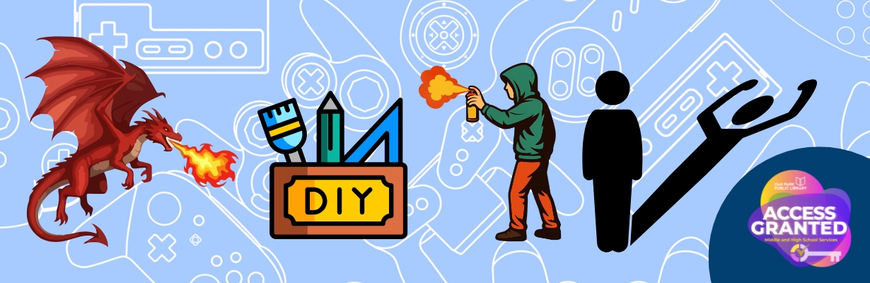 Graphics of a craft box, spray paint artist, and fire-breathing dragon, against a backdrop of video gaming controller graphics, and the Access Granted logo in the lower right.