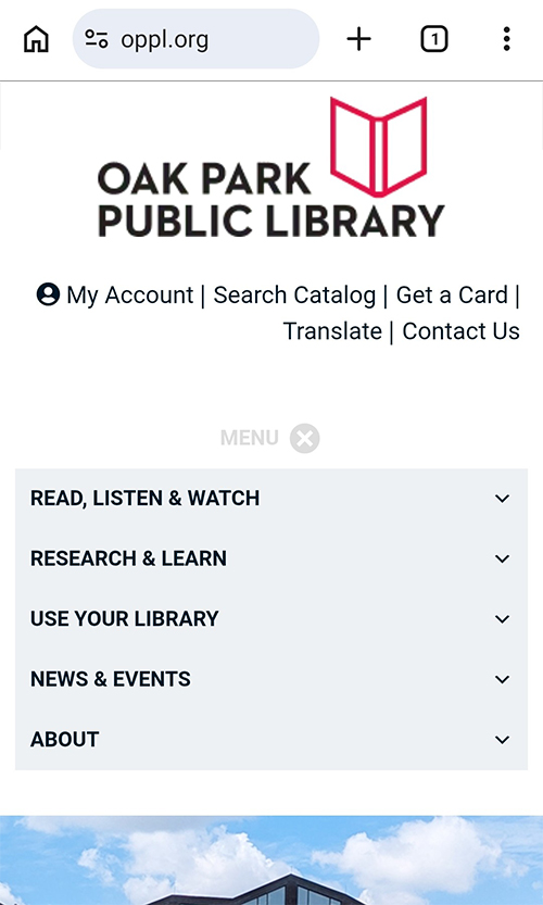 Screenshot of the library website's main menu expanded to show all options: Read, Listen & Watch; Research & Learn; Use Your Library, News & Events; and About.