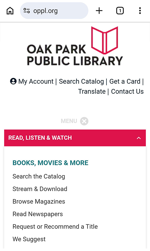 Screenshot of the library website's main menu expanded to show the full Read, Listen & Watch menu.