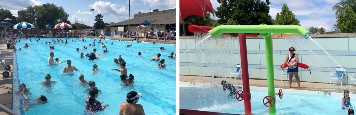 Collage of photos of people swimming in Rehm Pool and kids playing in the water at Ridgeland Common Pool while a lifeguard looks on.