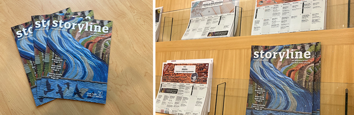 Storyline magazines arrayed on a surface, and issues of the magazine in a holder with library calendars.