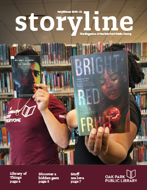 Cover of Storyline magazine, with two people holding up books in front of their faces in the library.