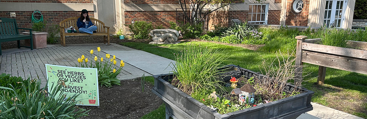 Garden beds and benches outside a library branch.