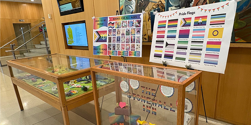 Two display cases and posters with Pride flags and book covers.