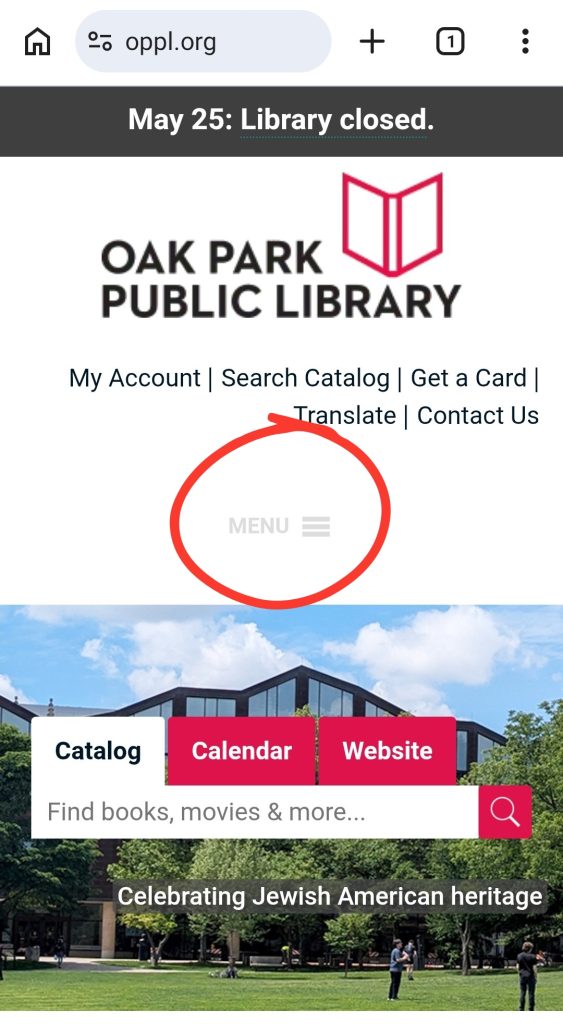 Screenshot of the library's homepage showing the hamburger-style menu icon alongside the word menu. Both are circled in red.