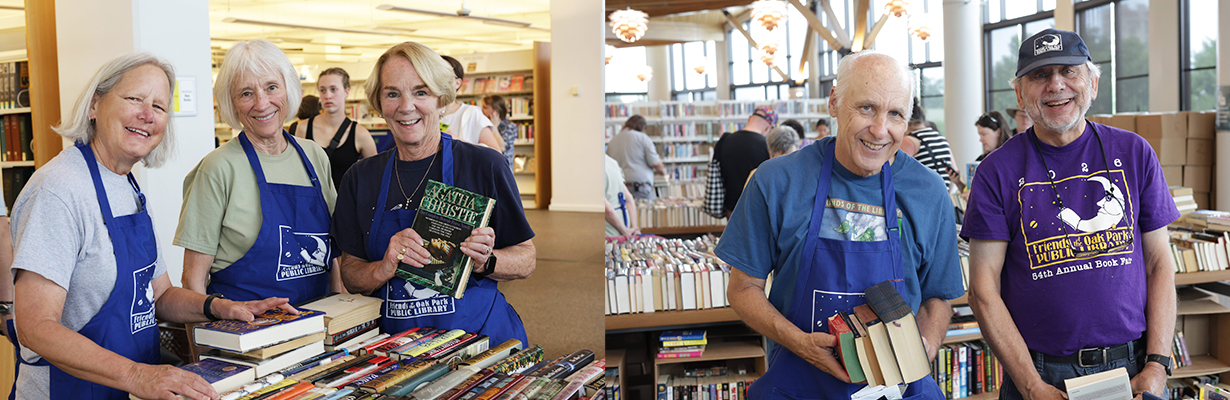 Friends of the Library volunteers smiling and holding books among tables full of books.