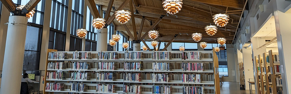 Book shelves and artichoke shaped lights on the Main Library third floor.