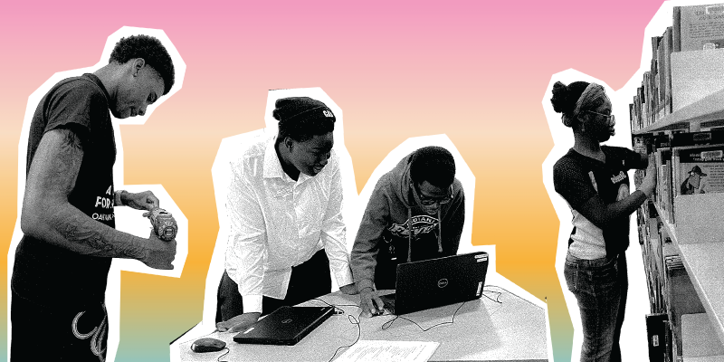 Cut-out collage of teens working in library, shelving books, working on a laptop, and adjusting an electric drill.