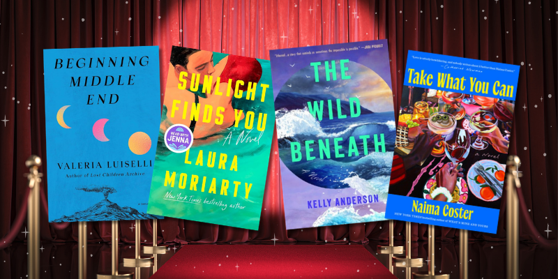 Four book covers superimposed over a graphic of a red carpet and curtained stage.