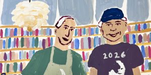 Painted depiction of Friends of the Library volunteers at the library book sale.
