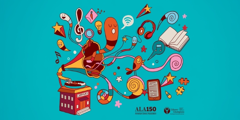 Cartoon illustration of musical notes, books, puzzle pieces, and singing worms coming out of a phonograph atop a library building.