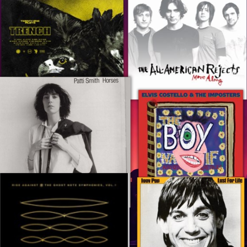 Album covers for Trench, All American Rejects, Patti Smith, Elvis Costello, Iggy Pop and more.