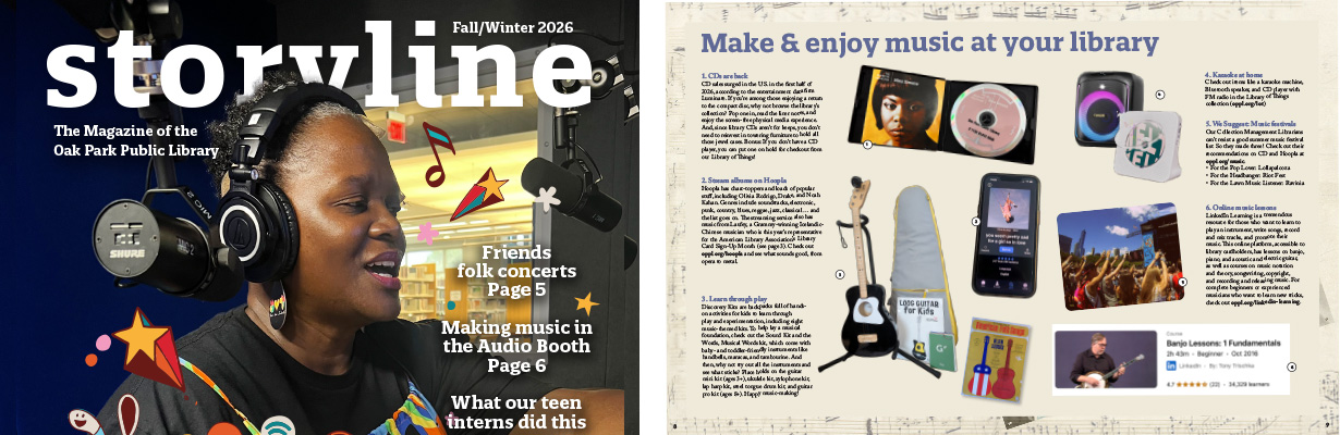 Cover of Fall/Winter 2026 cover of Storyline magazine, plus a spread inside titled Make and enjoy music at your library with a collage of instruments, CDs, concert images, and more.